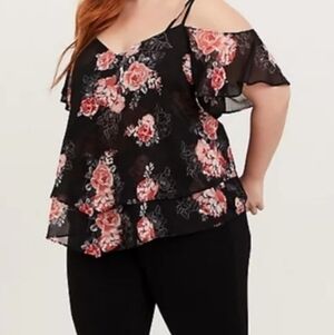 Torrid Black Floral Cold-Shoulder Tiered Blouse